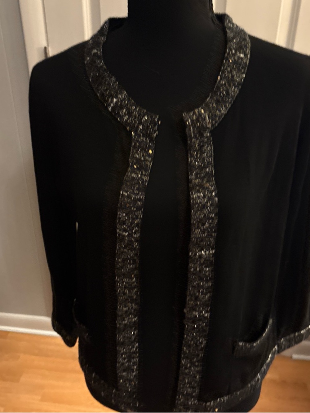 Duffield Lane Black Cardigan with Tweed Trim